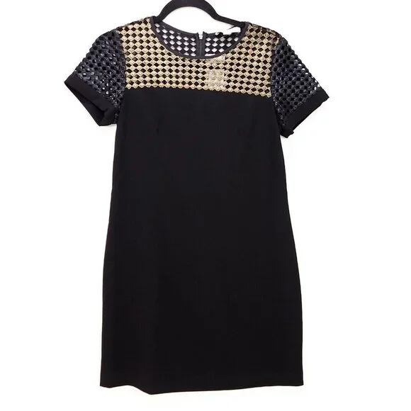 Banana Republic Metallic Lace Tee Dress Black Size Petite 4 Black Mini Sheath - Picture 2 of 12